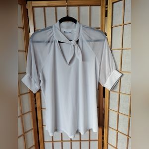 Large White Short Sheer Sleeve Tie V-Neck Blouse